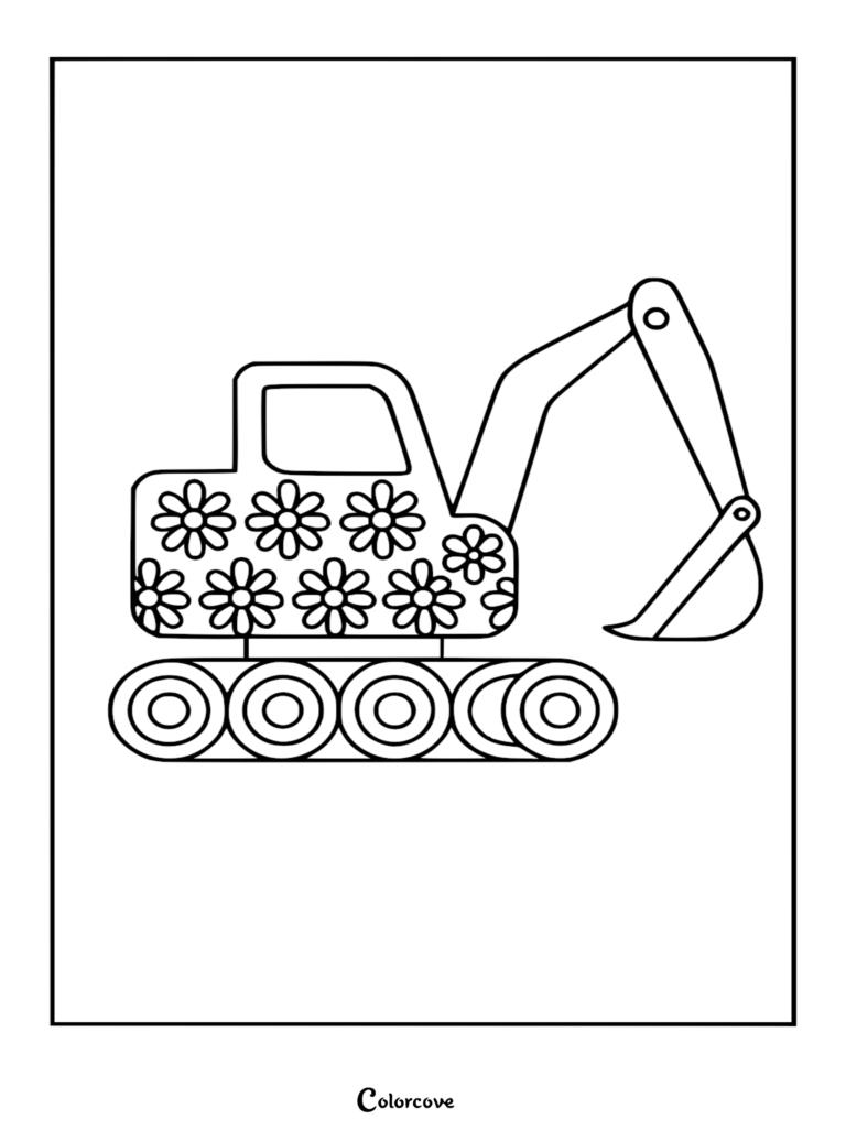 Una página para colorear de arte lineal simple de una excavadora que presenta un patrón de flores decorativas en su carrocería y orugas circulares.