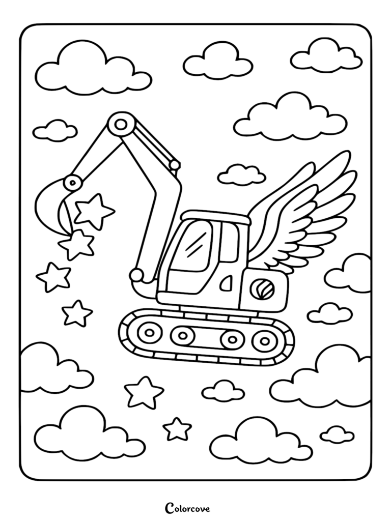 Una excavadora simple con grandes alas volando por el cielo entre nubes y estrellas en esta página para colorear imprimible.