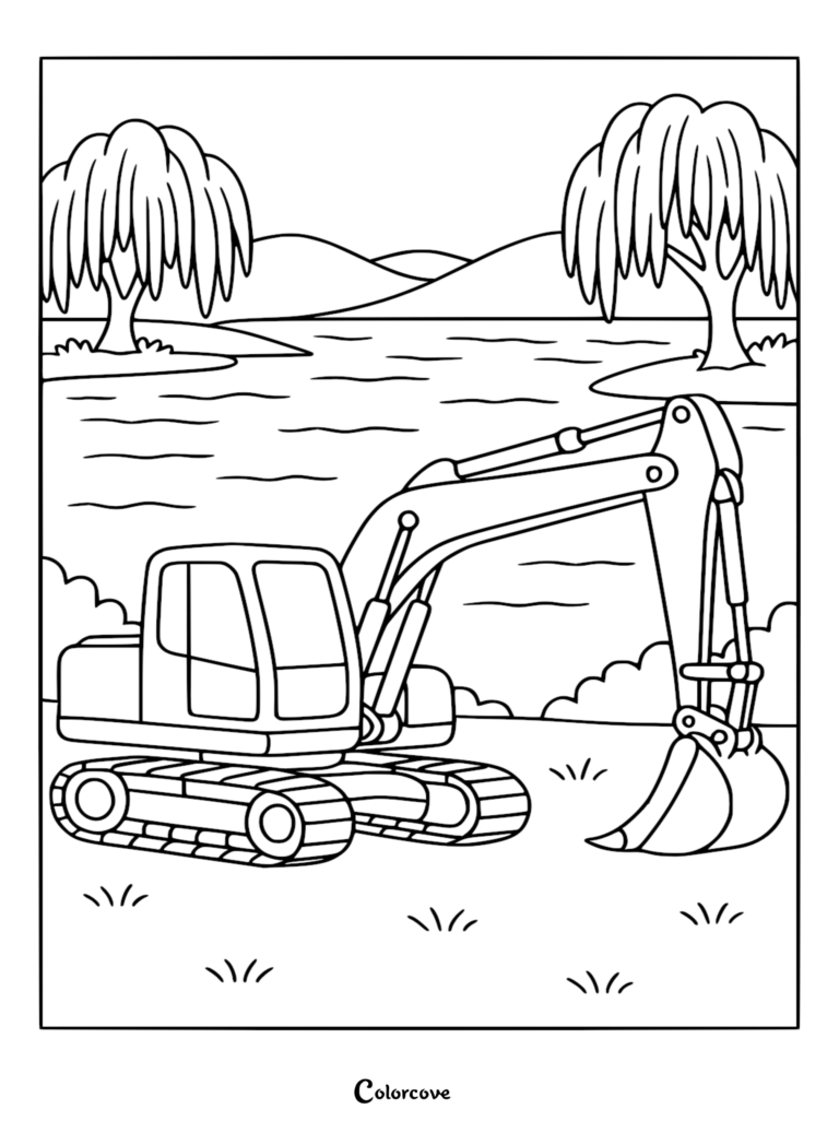 Una excavadora simple estacionada en un terreno con césped cerca de un lago con dos sauces llorones en el fondo, presentada como una página para colorear imprimible.