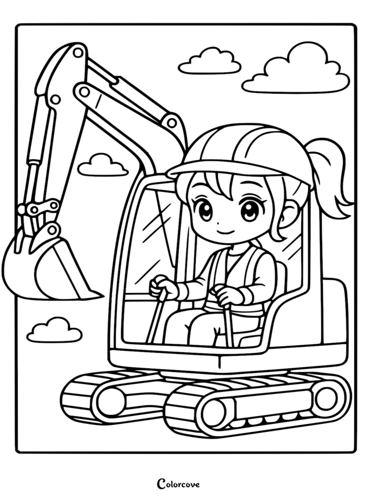 Una tierna chica de anime con casco de seguridad operando una excavadora en esta página para colorear imprimible.