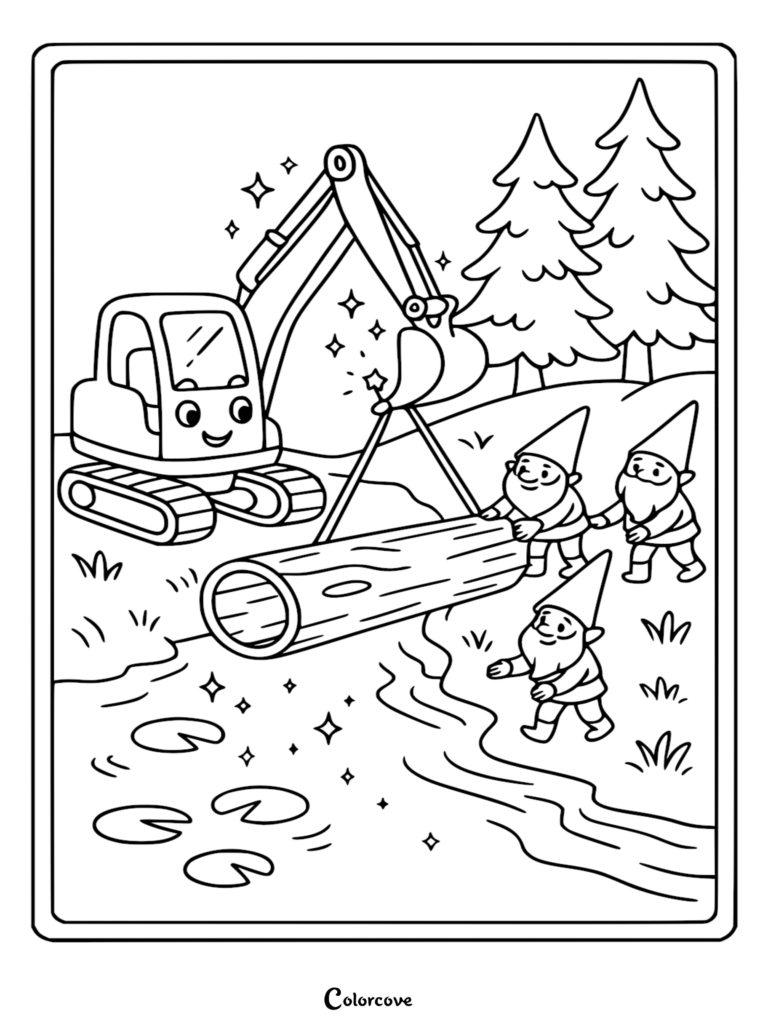Una excavadora levantando un tronco con tres gnomos de jardín ayudando junto a un río en esta página para colorear imprimible.