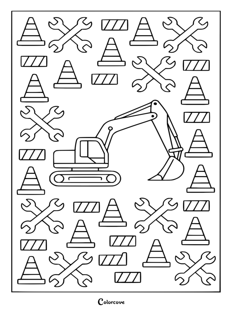 Excavadora simple rodeada de conos de tráfico, llaves inglesas y barreras viales en una página para colorear imprimible.