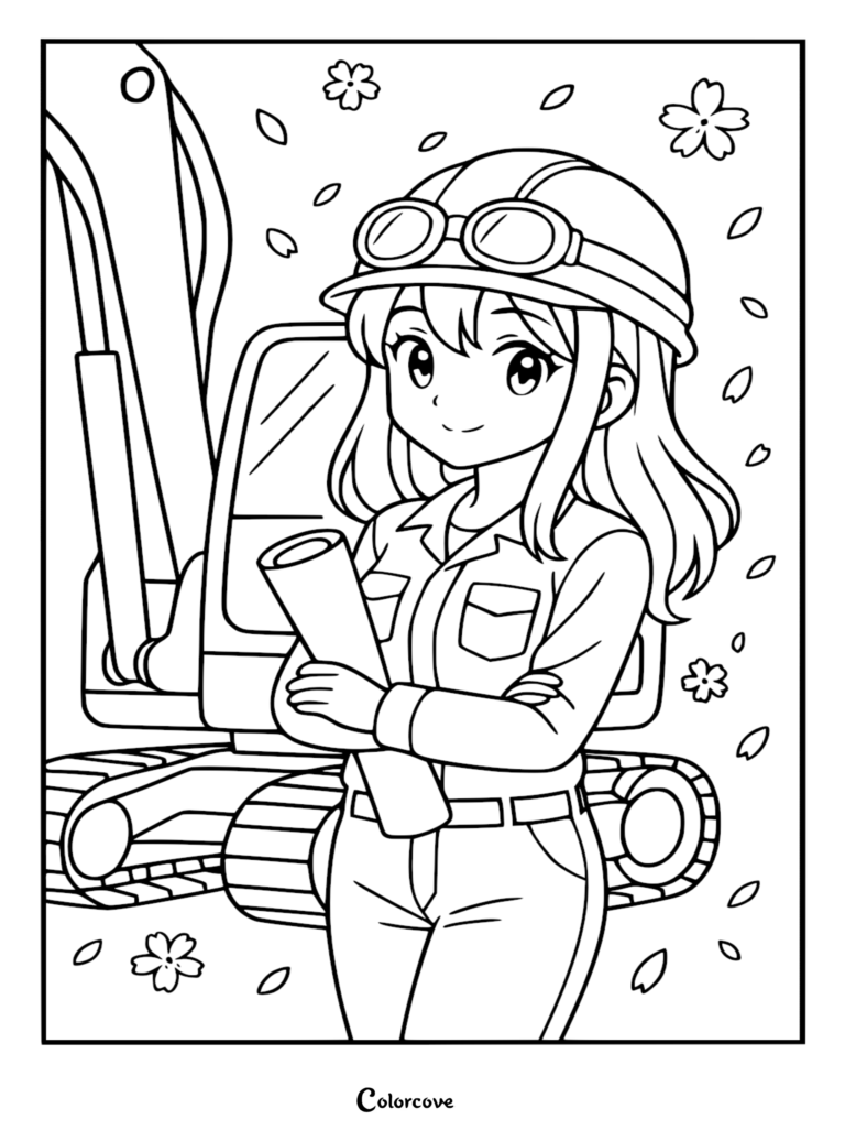 Chica anime con casco y gafas protectoras sosteniendo planos frente a una excavadora simple, página para colorear con flores de cerezo cayendo.
