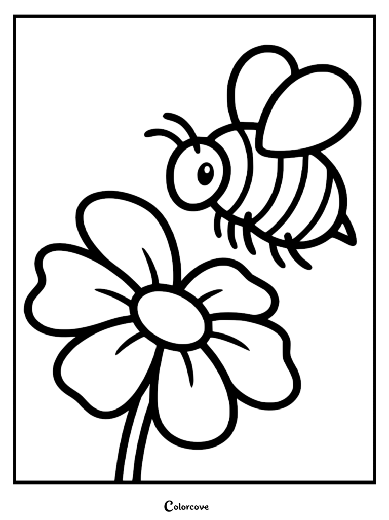 A simple coloring page featuring a cute cartoon bumblebee hovering near a large, single-petaled flower.