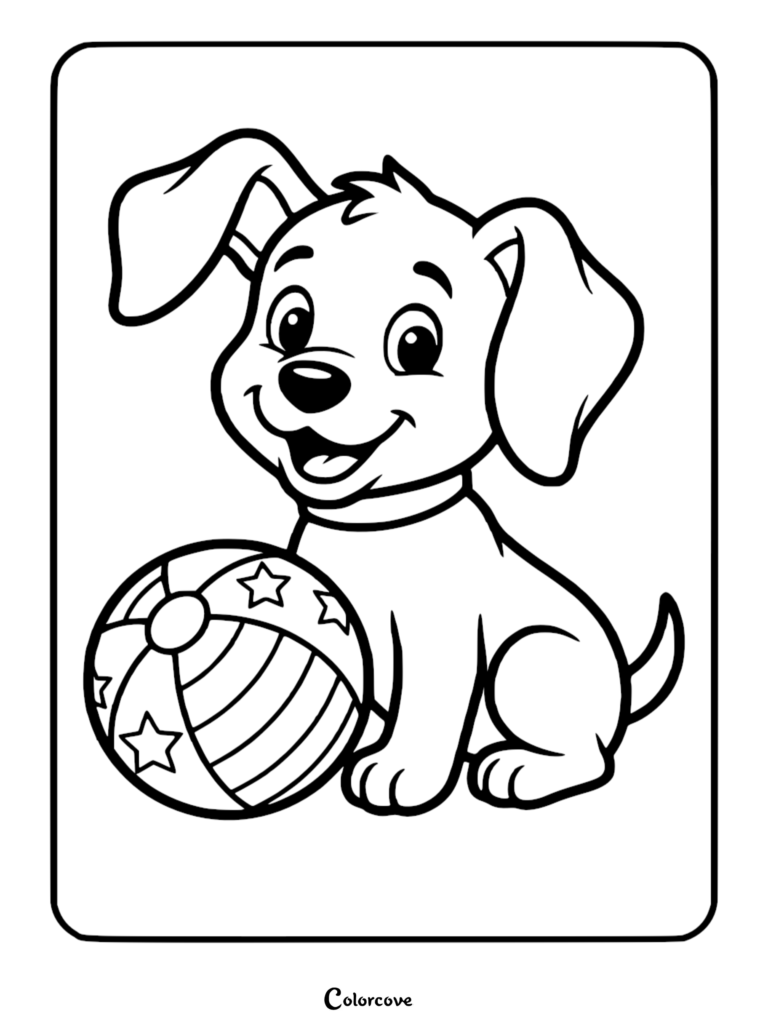 A simple puppy coloring page featuring a happy dog sitting next to a striped ball with star patterns.
