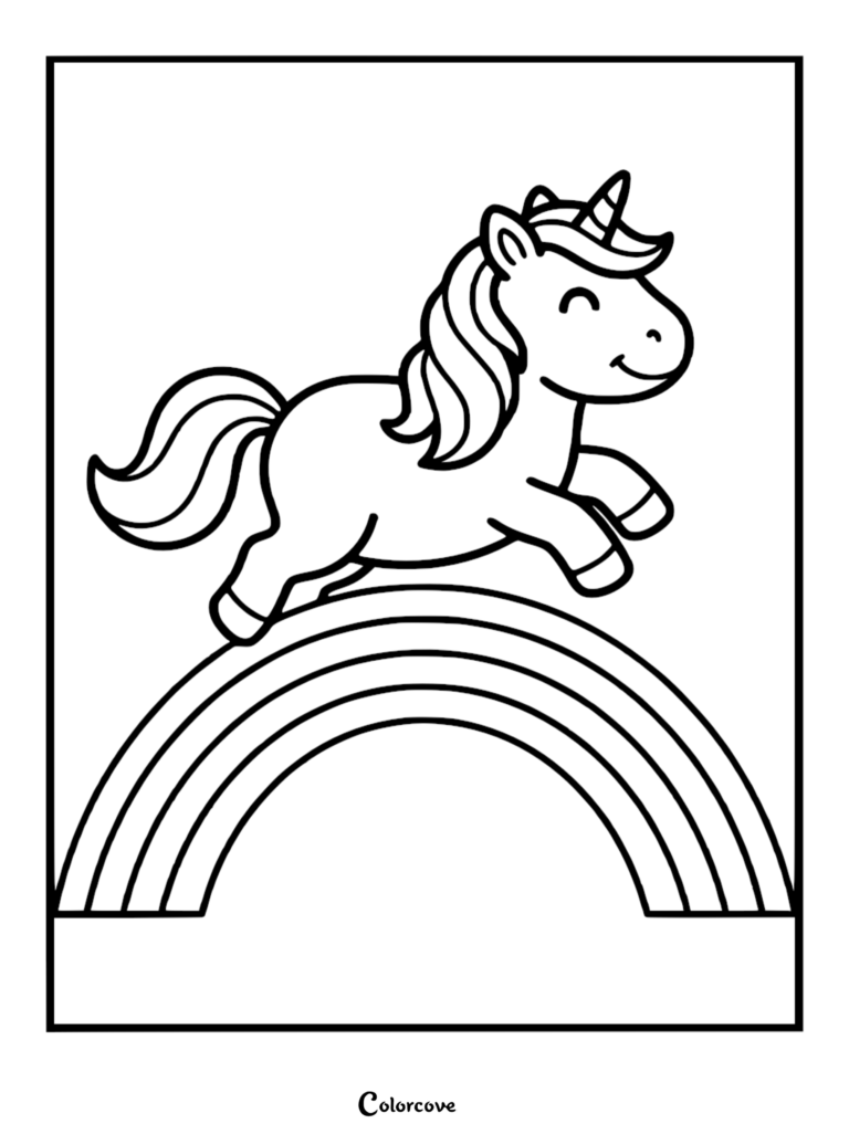 A simple black and white coloring page featuring a cute cartoon unicorn with a flowing mane jumping over a curved rainbow.
