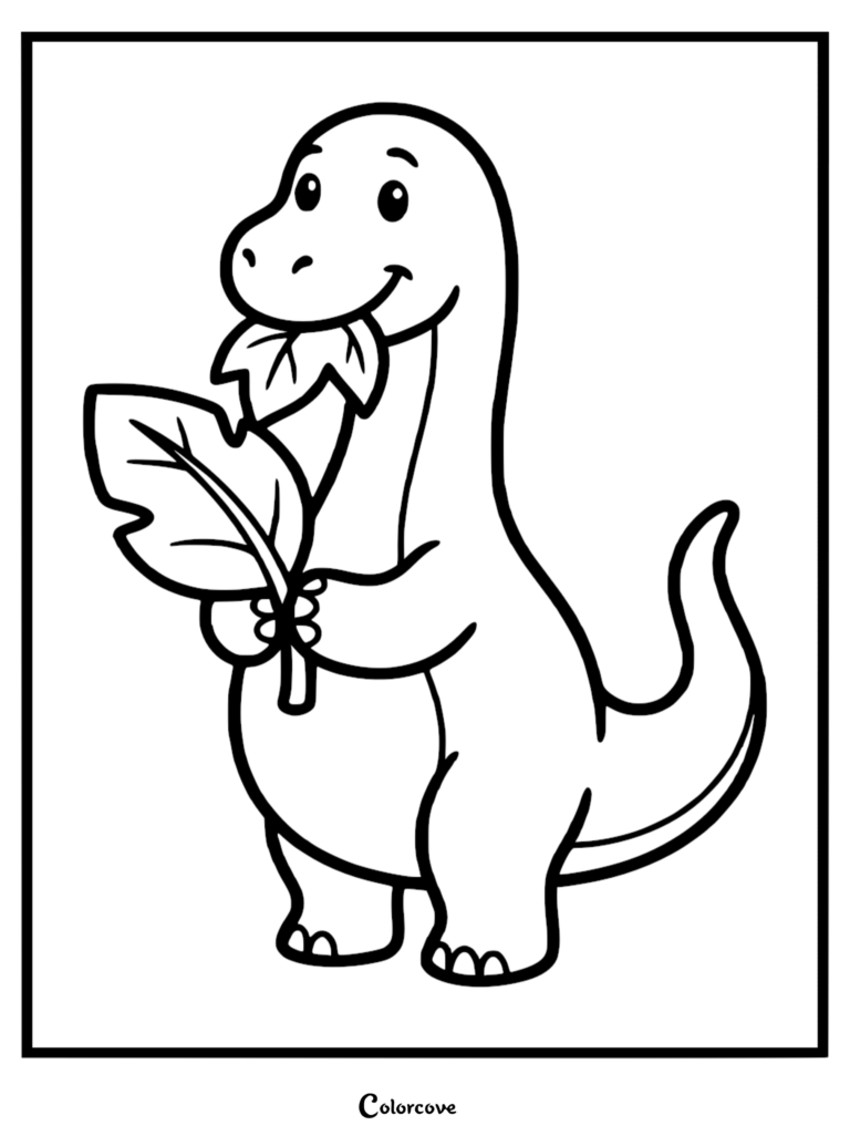 Littlefoot from The Land Before Time holding a large green leaf in his hands and eating another leaf, simple line art coloring page.