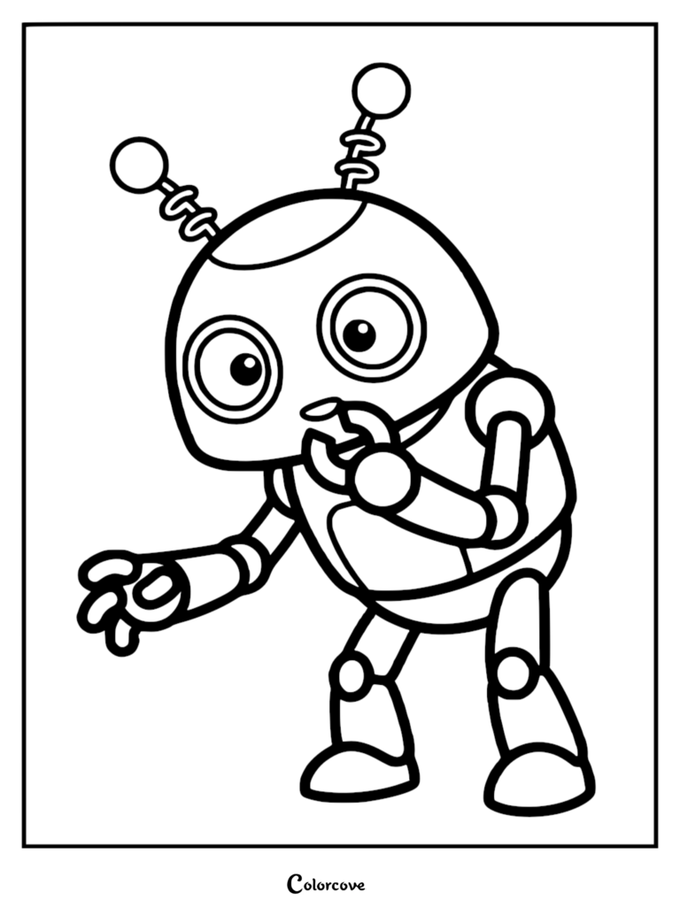 A simple robot coloring page featuring a cute round-headed robot with two antennae and large eyes, holding a small object to its mouth.