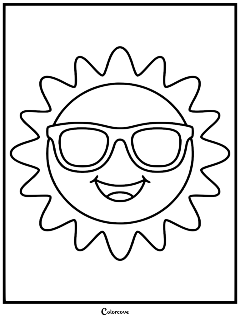 A simple coloring page featuring a happy sun wearing large sunglasses with thick outlines.