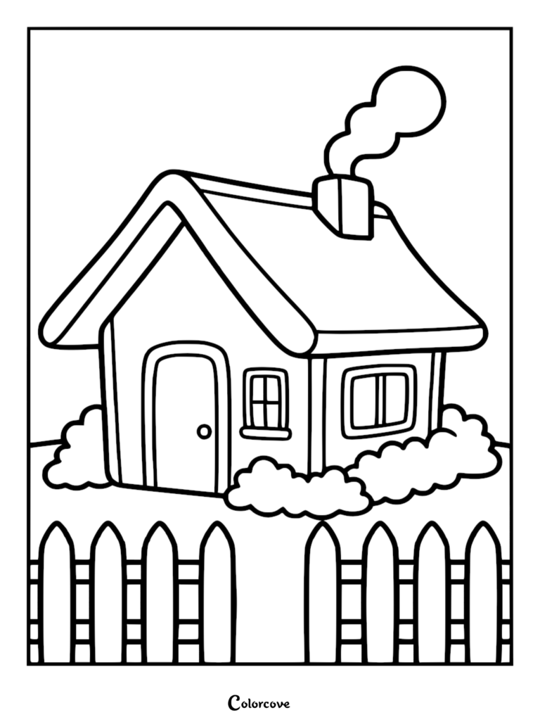 A simple house coloring page featuring a cottage with a smoking chimney, bushes, and a picket fence.