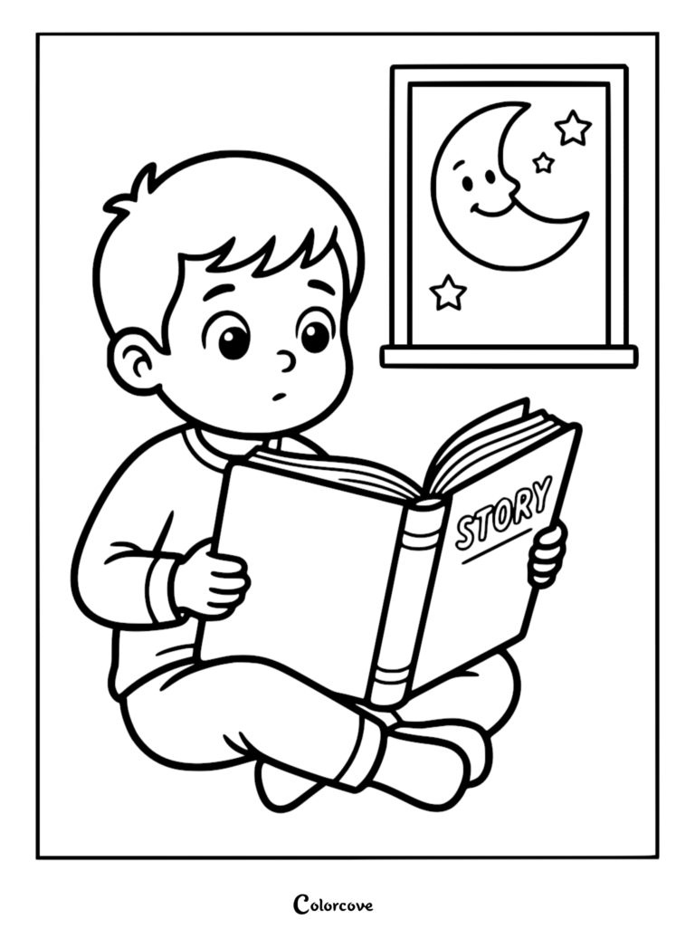 A young boy sitting cross-legged reading a book labeled Story with a crescent moon and stars visible through the window in this simple coloring page.