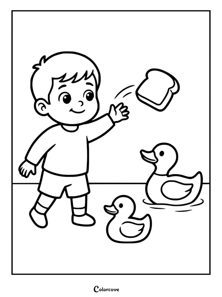 A simple line art coloring page featuring a young boy tossing a slice of bread to two ducks swimming in a pond.
