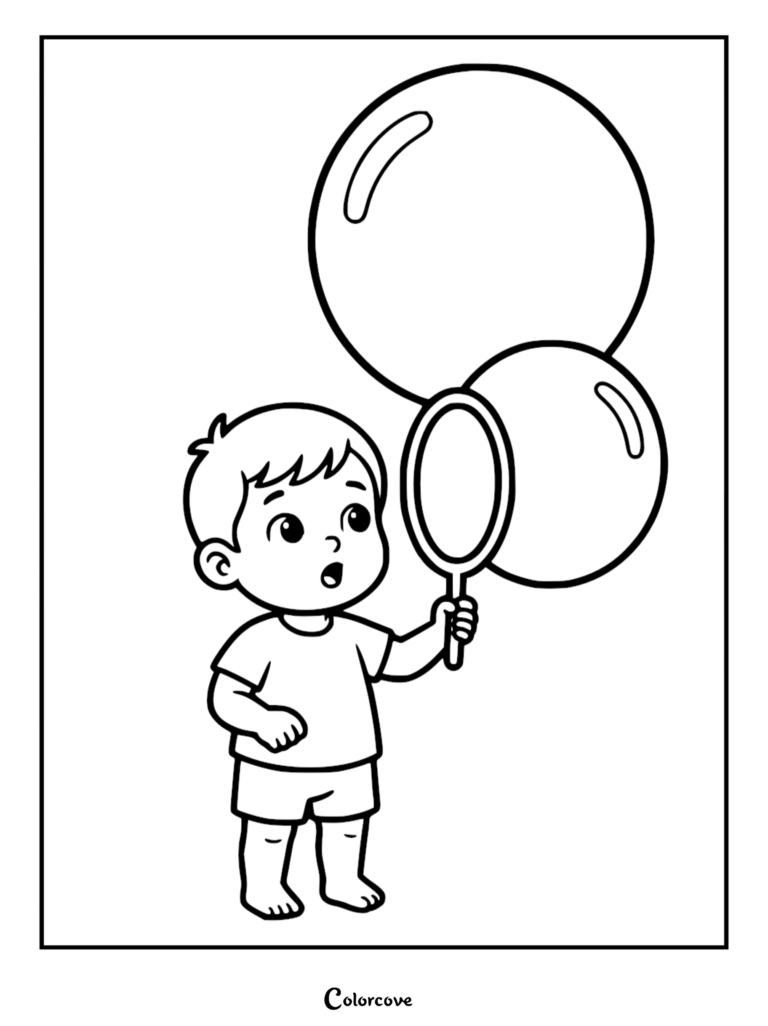 A simple coloring page featuring a young boy holding a bubble wand and blowing two large bubbles.