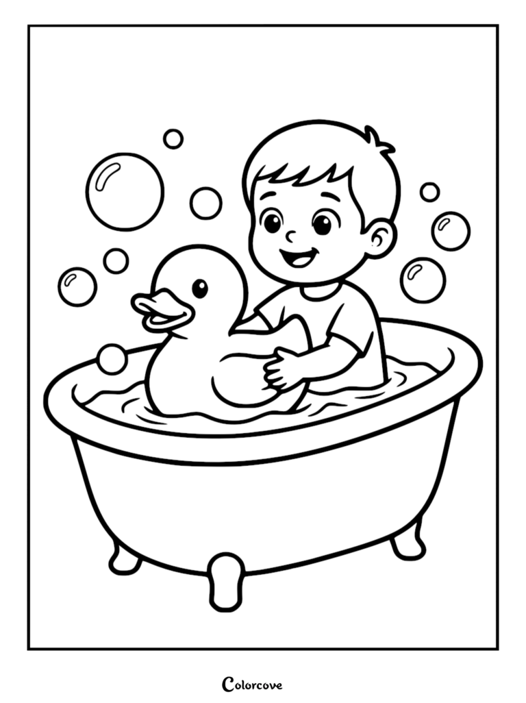 A simple coloring page featuring a happy young boy sitting in a bathtub playing with a large rubber duck surrounded by floating soap bubbles.