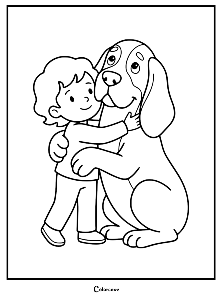 A simple coloring page featuring a young child with curly hair giving a warm hug to a large, friendly floppy-eared dog.