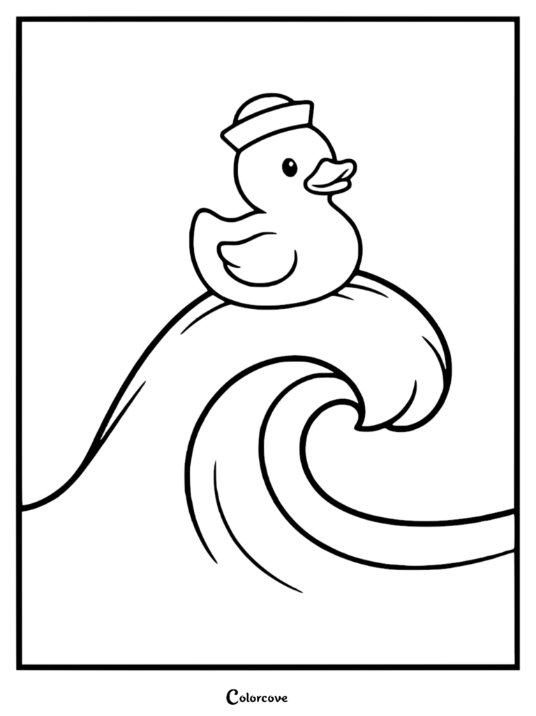 A simple coloring page featuring a cute rubber duck wearing a sailor hat riding on top of a large ocean wave.