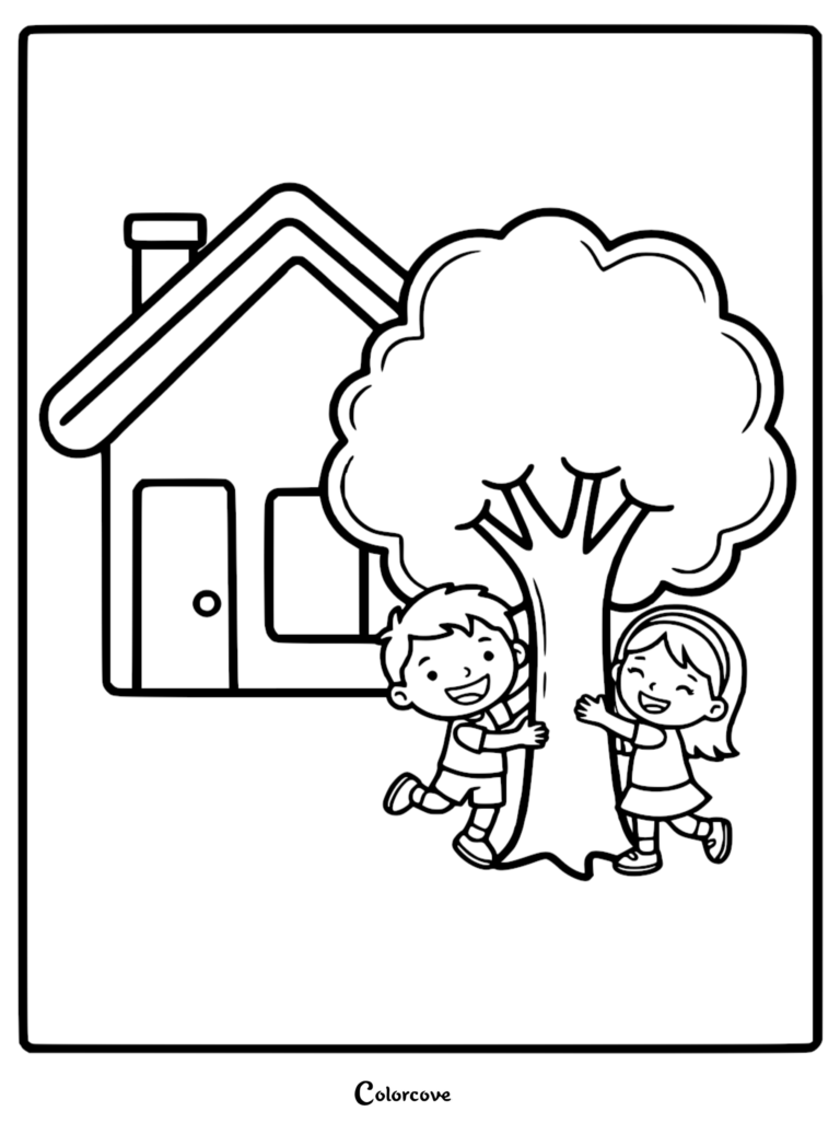 A simple coloring page featuring a young boy and girl happily hugging a large tree in front of a house.