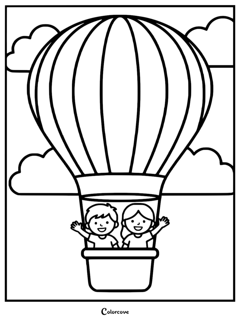 A simple coloring page featuring a boy and girl waving from a hot air balloon basket against a sky with clouds.