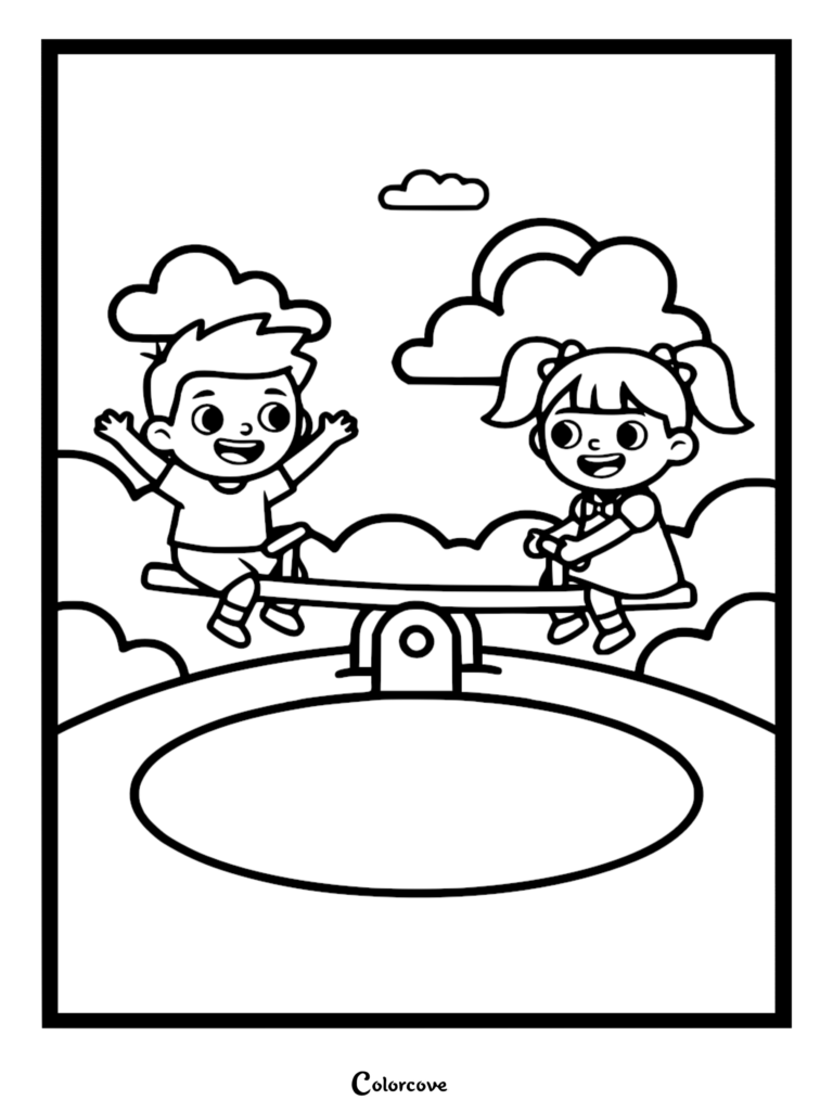 A simple coloring page featuring a happy boy and girl with pigtails playing on a seesaw in a park with clouds in the background.