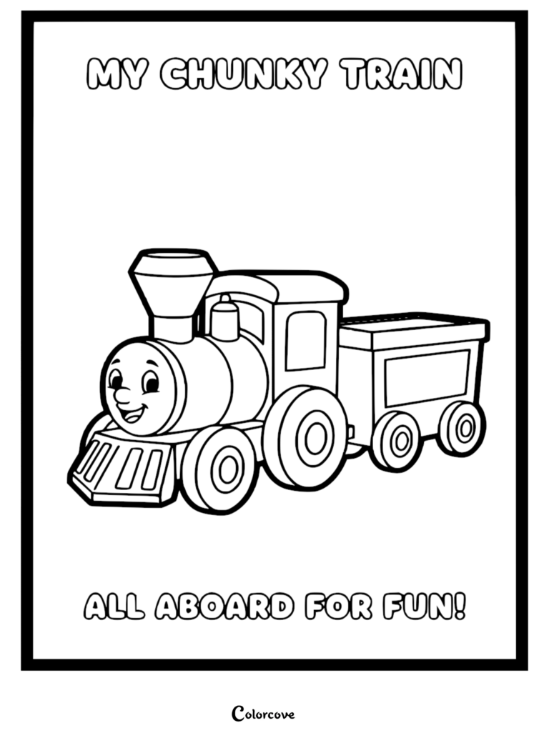 A simple kids coloring page featuring a cute, smiling cartoon steam engine train with a cargo car and bold outlines.