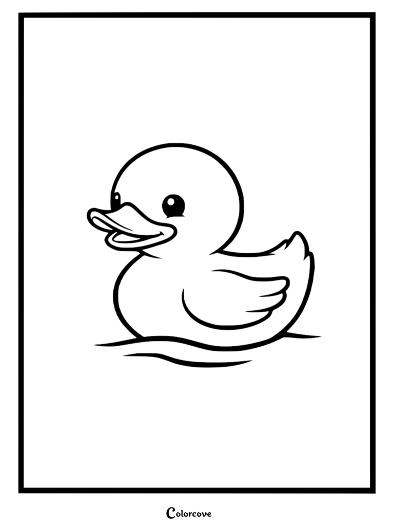A simple black and white coloring page of a cute rubber duck floating on small water ripples.