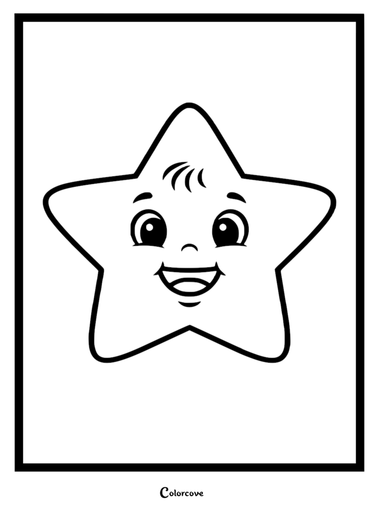 A simple coloring page featuring a cute five-pointed star character with a happy face, large eyes, and a small tuft of hair on its forehead.
