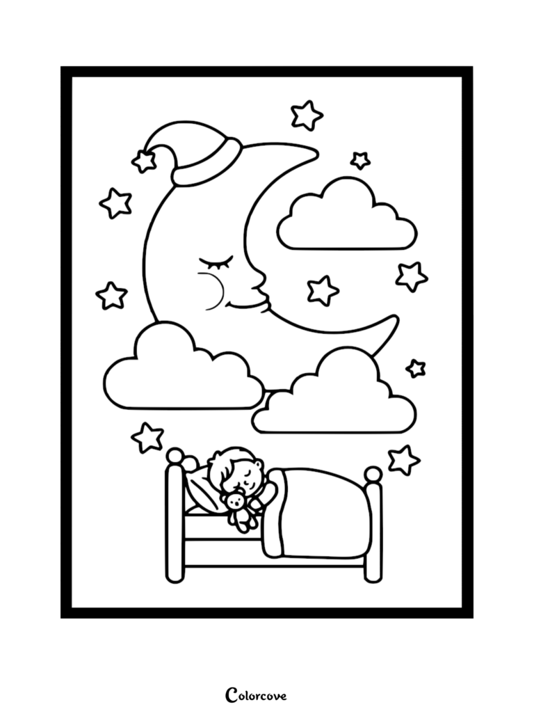 A simple coloring page featuring a child sleeping in bed with a teddy bear under a smiling crescent moon, clouds, and stars.