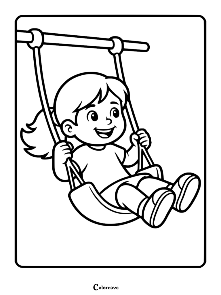 A simple coloring page featuring a happy young girl with a ponytail swinging on a playground swing set.