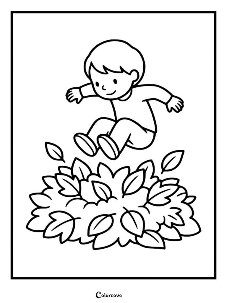 A simple line art coloring page of a young boy jumping into a large pile of autumn leaves.