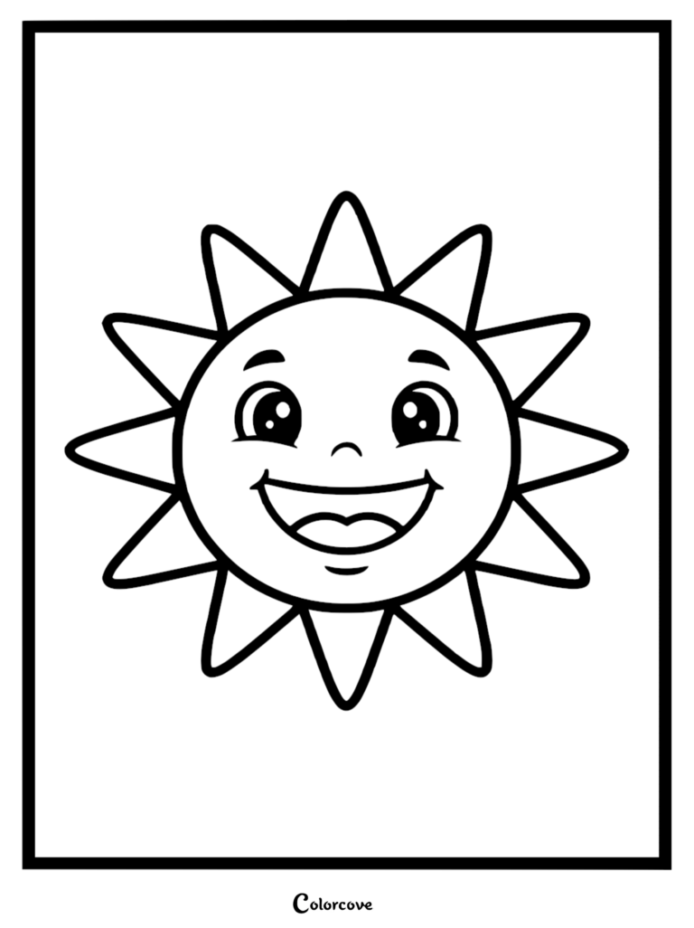 A simple coloring page featuring a happy sun with a wide smile and triangular rays.