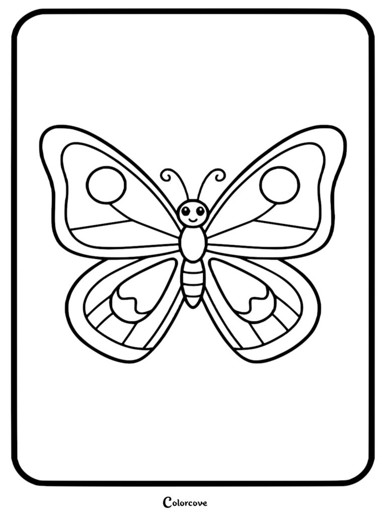 A simple butterfly coloring page featuring a cute insect with large circular wing patterns and bold outlines for kids.
