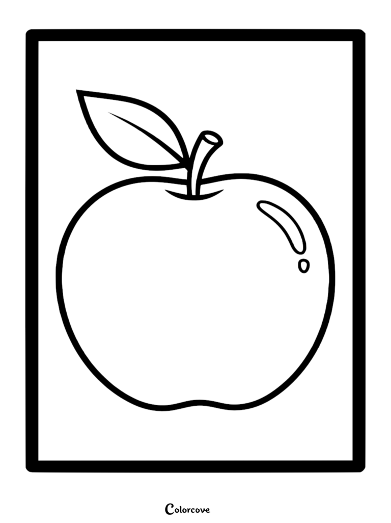 A simple apple coloring page featuring a round fruit with a single leaf and a small highlight reflection.