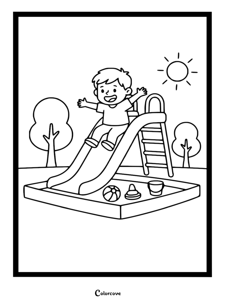 A happy boy sliding down a playground slide into a sandbox with a ball, bucket, and toy cone in this free simple kids coloring page.