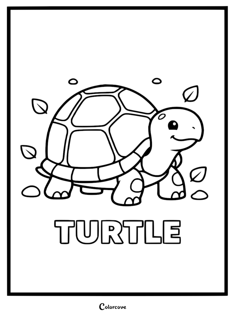 A cute cartoon turtle with a patterned shell surrounded by floating leaves on a simple coloring page.