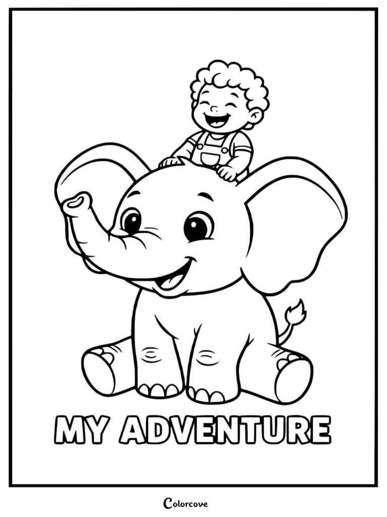A happy toddler sitting on the back of a smiling baby elephant in this simple line art coloring page.