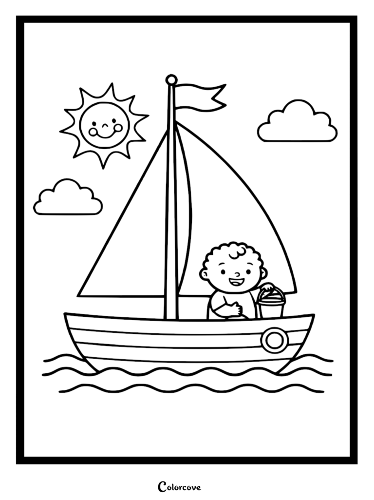 A simple kids coloring page featuring a happy toddler sitting in a small sailboat holding a bucket on the ocean under a smiling sun.