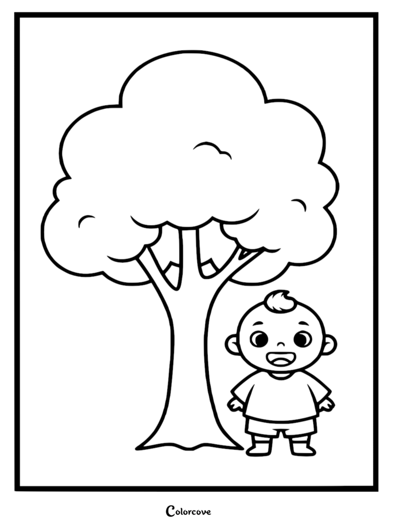JJ from Cocomelon standing next to a large leafy tree in this simple printable coloring page.
