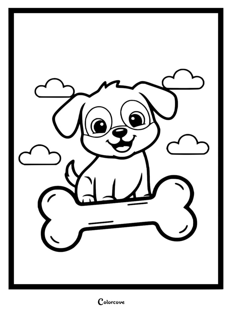 A simple coloring page featuring a happy cartoon puppy sitting on a large dog bone with clouds in the background.