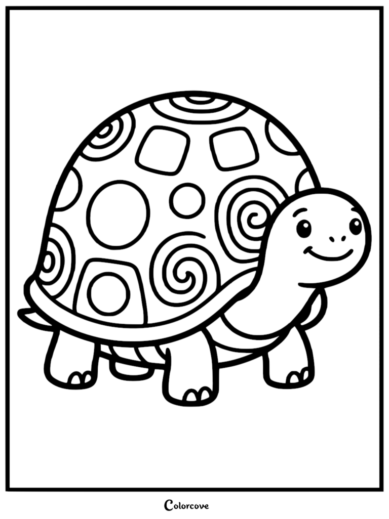 A simple turtle coloring page featuring a smiling turtle with a shell decorated with circles, squares, and spirals.