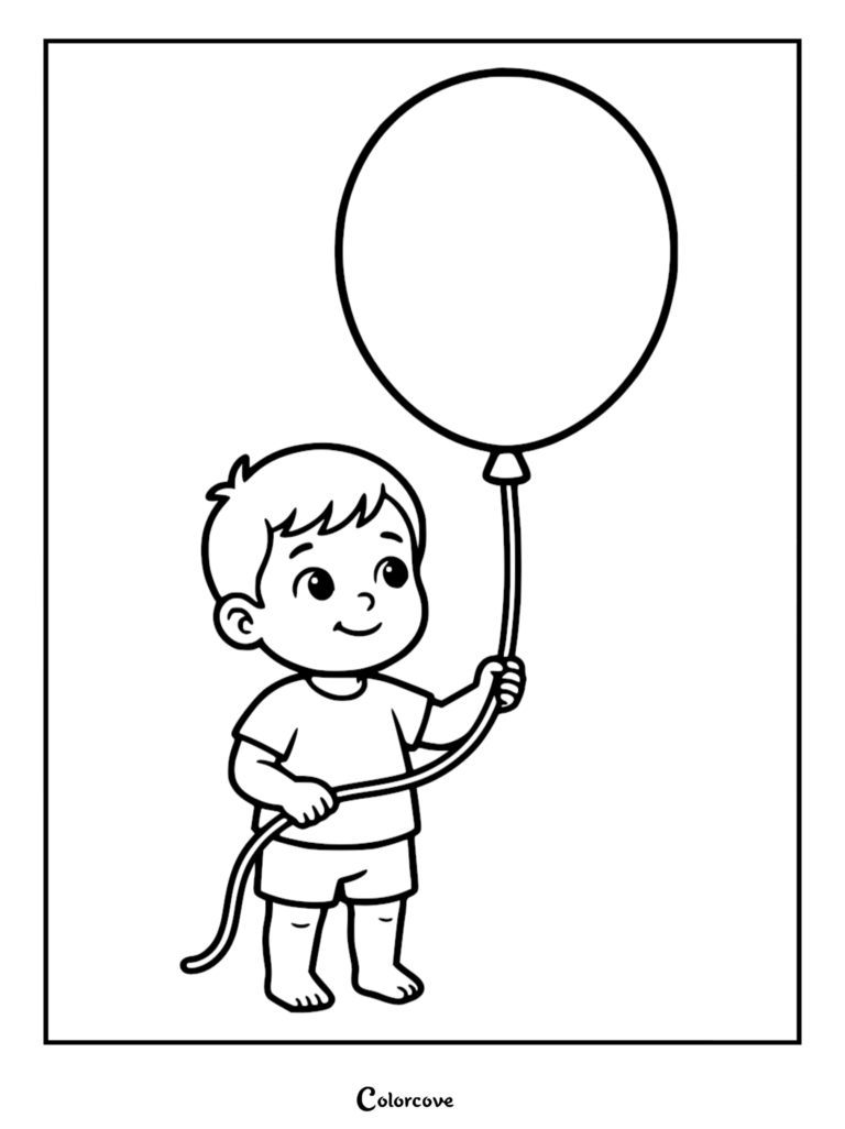 A simple coloring page featuring a young boy standing barefoot while holding a large round balloon by a long string.