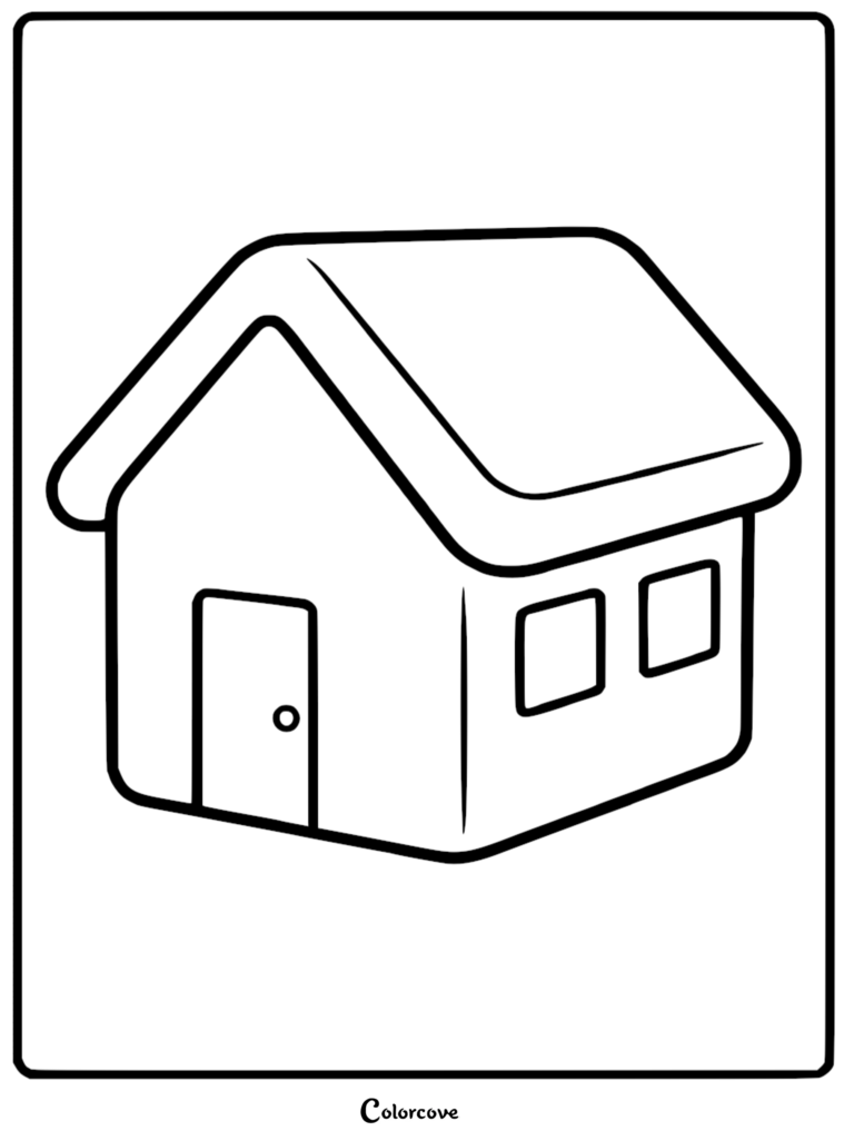 A simple house coloring page featuring a basic cottage with a peaked roof, a single door, and two square windows.