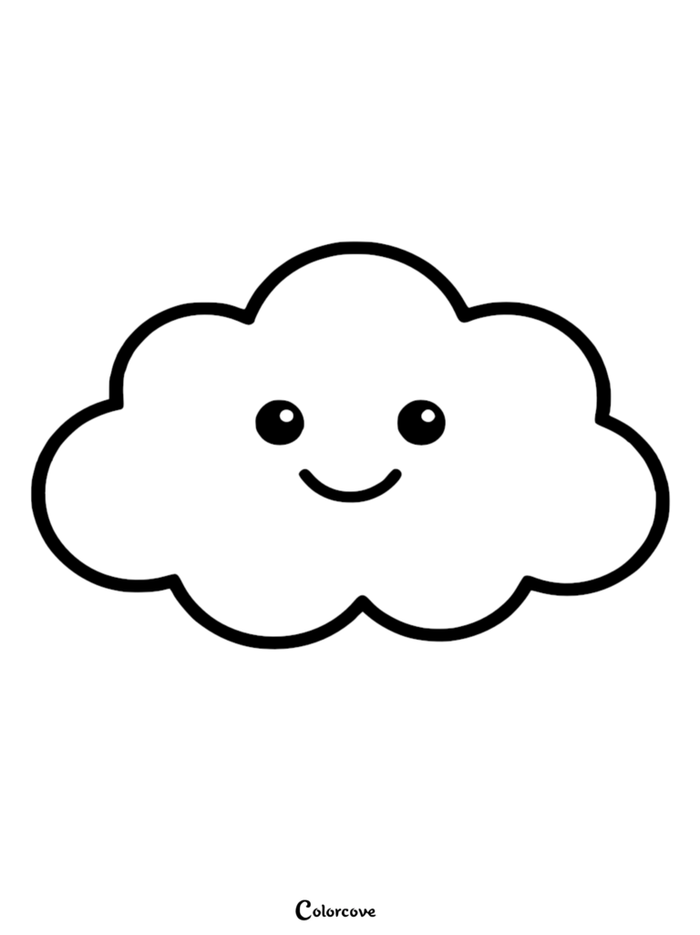 A simple, bold-lined coloring page featuring a cute, fluffy cloud with a smiling face and large, round eyes.