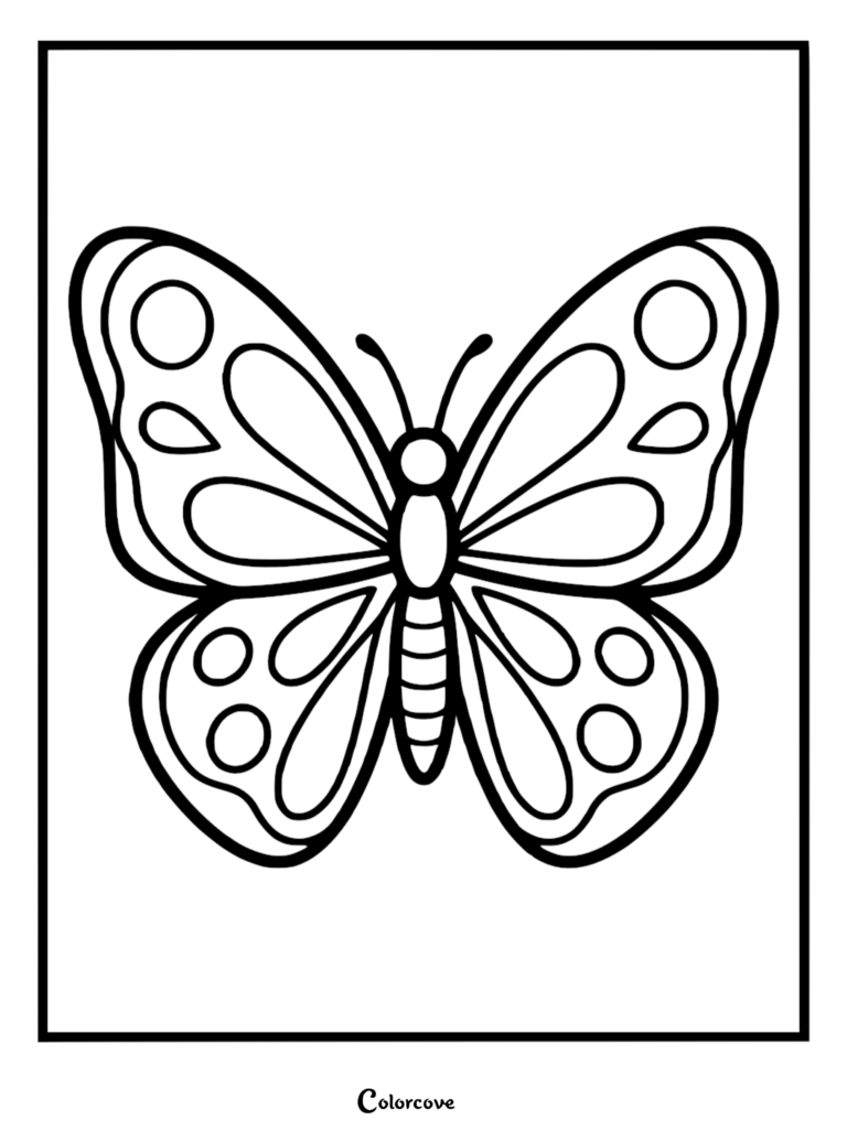 A simple butterfly coloring page featuring symmetrical wings with circular spots and bold outlines for kids.