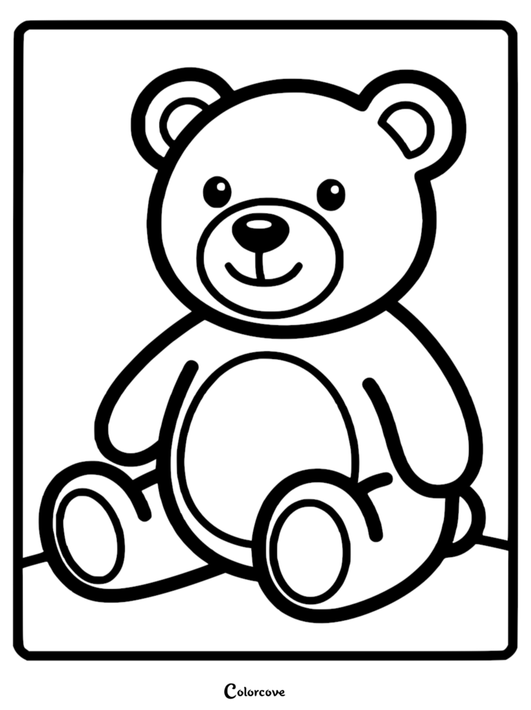A simple black and white coloring page featuring a cute teddy bear sitting down with a round belly and smiling face.