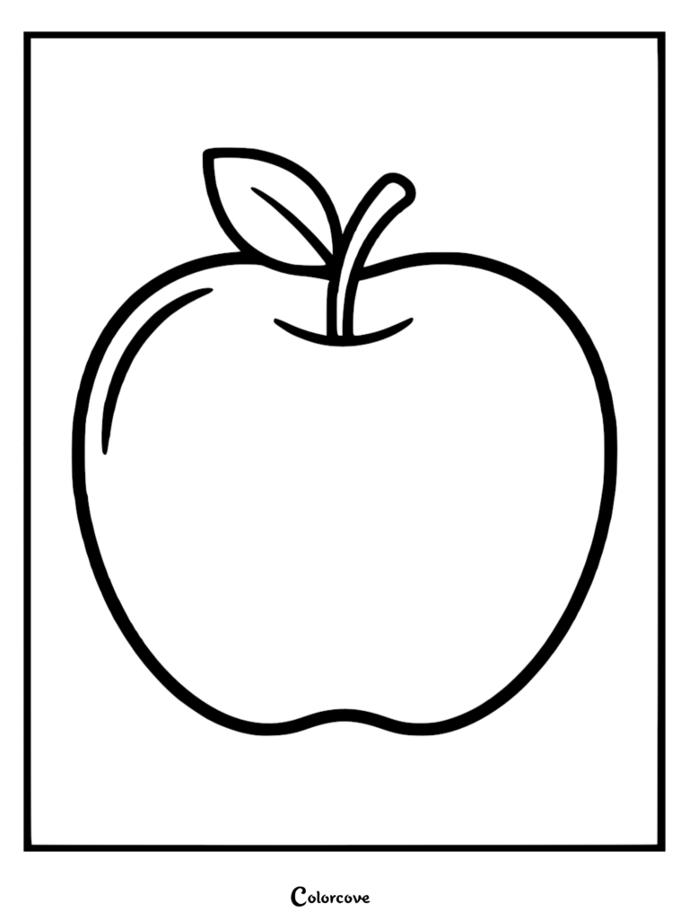 A simple apple coloring page featuring a single round fruit with a stem and one leaf.