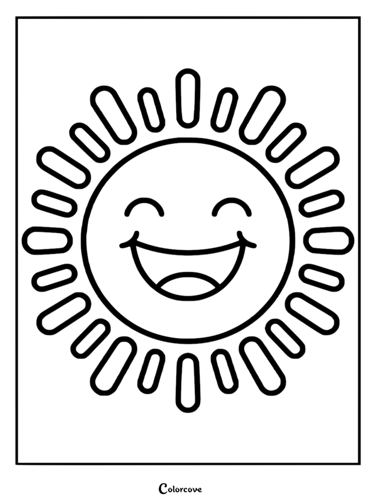 A simple coloring page featuring a cheerful sun with a wide, laughing smile and rounded rays.