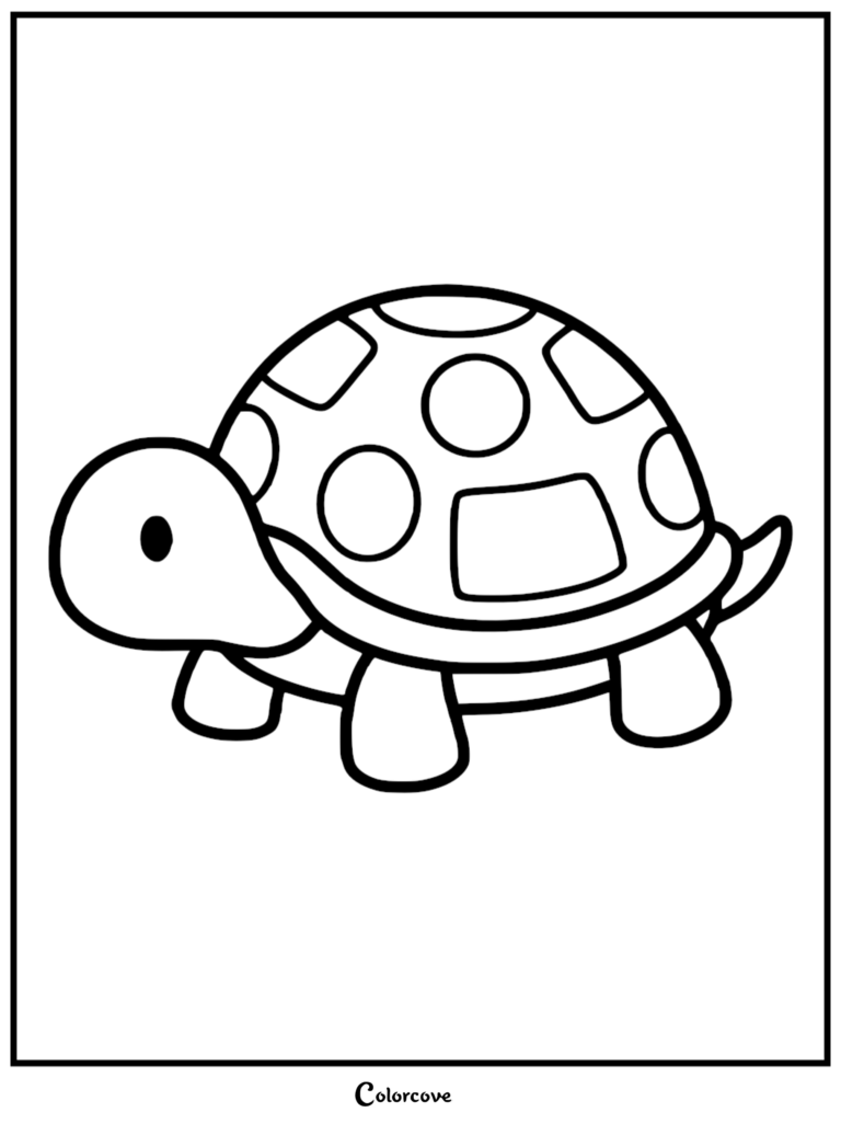A simple turtle coloring page featuring a cute cartoon turtle with a spotted shell and rounded head.