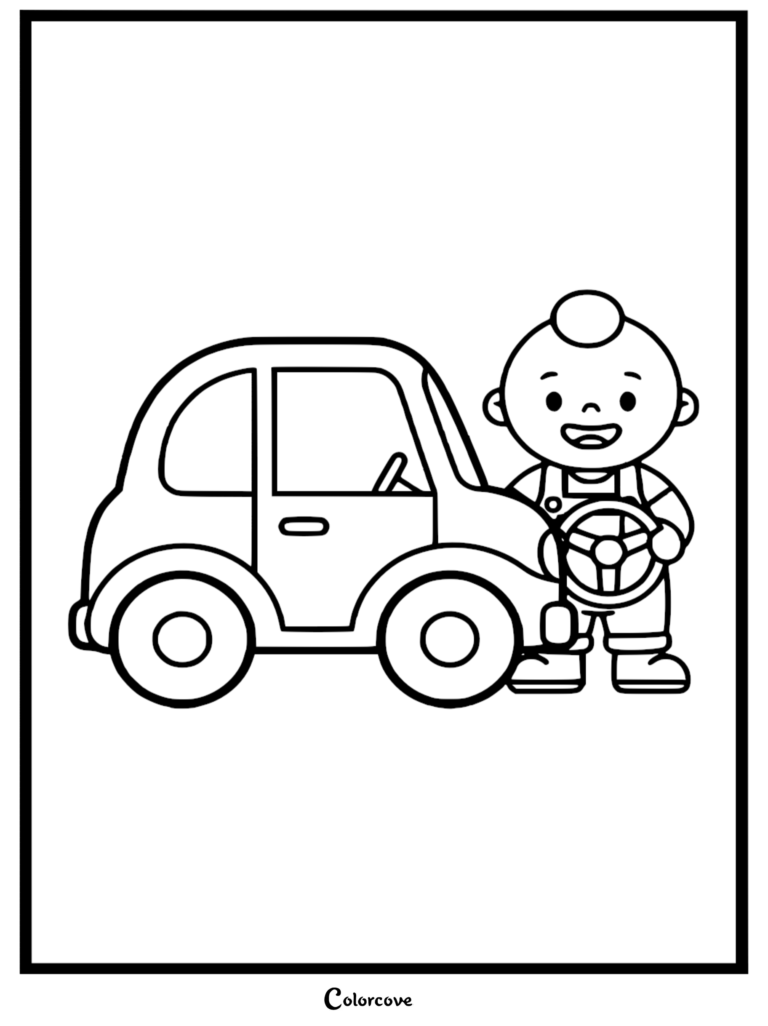 JJ from CoComelon standing next to a small toy car holding a steering wheel in this simple line art coloring page.