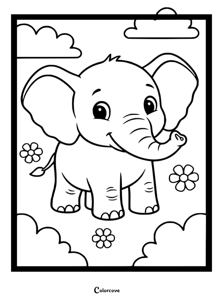 A simple coloring page featuring a happy baby elephant standing in a field with flowers and clouds.