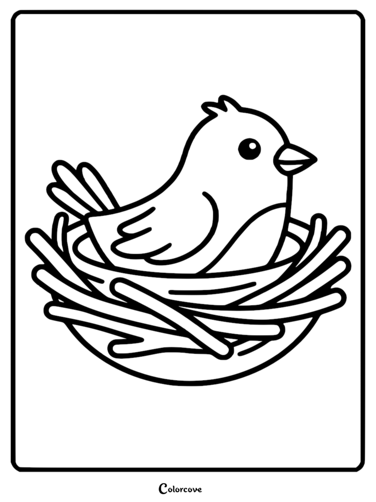 A simple coloring page featuring a cute cartoon bird sitting inside a woven twig nest.